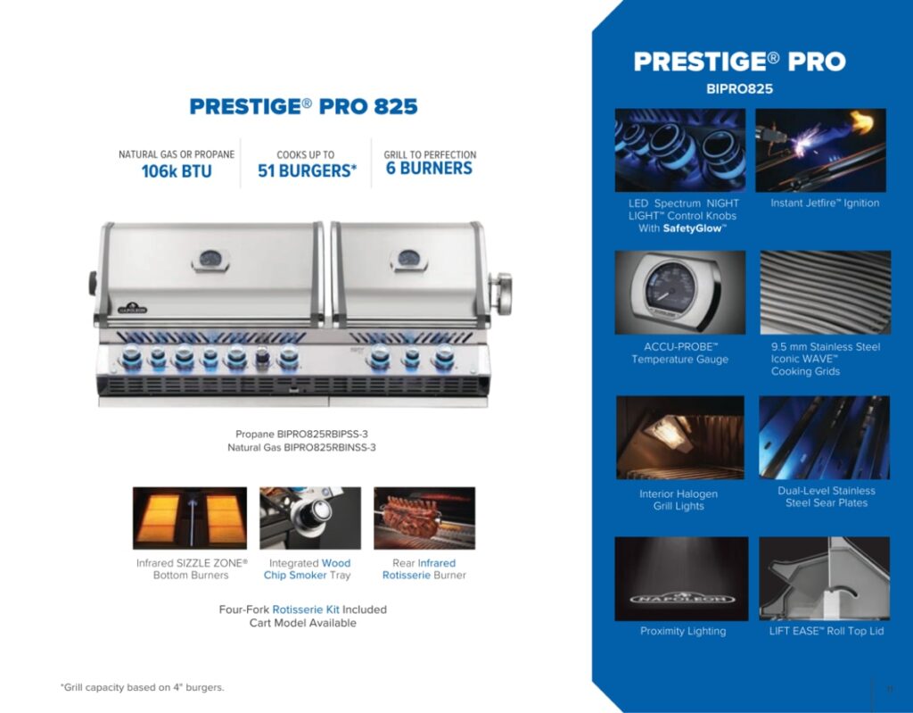 Napoleon Prestige® Pro 825 built-in grill with LED NIGHT LIGHT™ control knobs and stainless steel finish